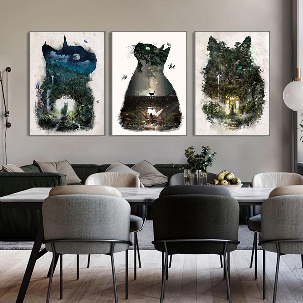 Царство кошек Птица Волк Картина на холсте День или ночь Пейзаж и постеры с животными Печать Настенные художественные фотографии Идеальное украшение для гостиной Домашнее украшение Куадрос