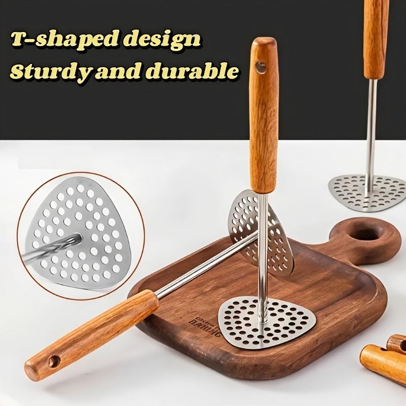 1Pc Lightweight Durable Kitchen Gadget Handheld Stainless Steel Potato Masher With Wood Handle Multifunctional Food Crusher For All Kinds Of