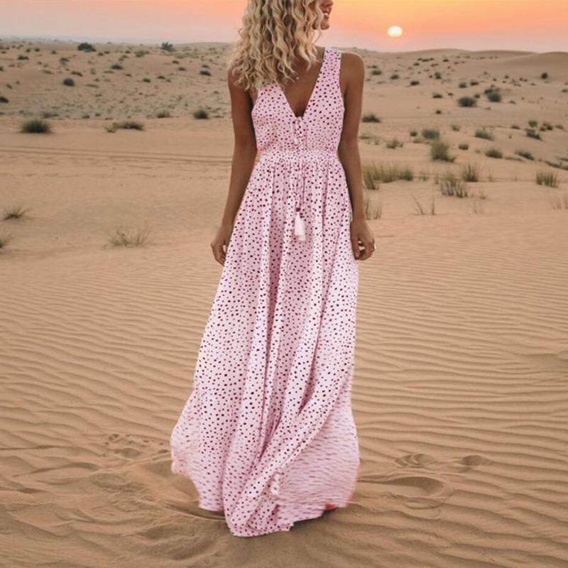 Модные летние новые длинные праздничные пляжные платья без рукавов с V-образным вырезом в богемном стиле в горошек
