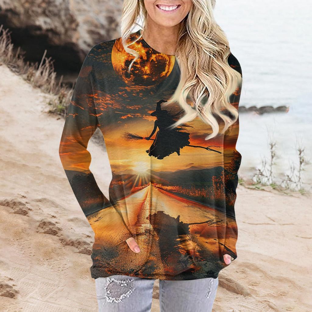 Женская модная повседневная футболка с круглым вырезом и принтом, длинными рукавами и карманами