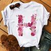 26 Letters Print T-Shirt Alphabet with Pink Flower Harajuku White Graphic Tee Casual Short Sleeve Lady Y2k Tops Women's Clothing