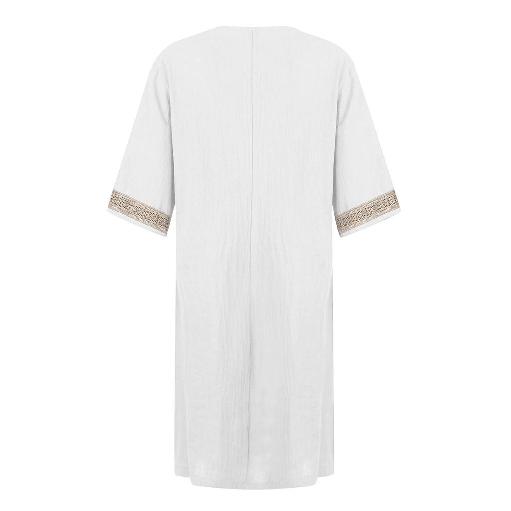 Ladies Lace Stitching V Neck Embroidered Exquisite Embroidered Lace Short Sleeve Cotton Linen Dress Summer Linen  Dress
