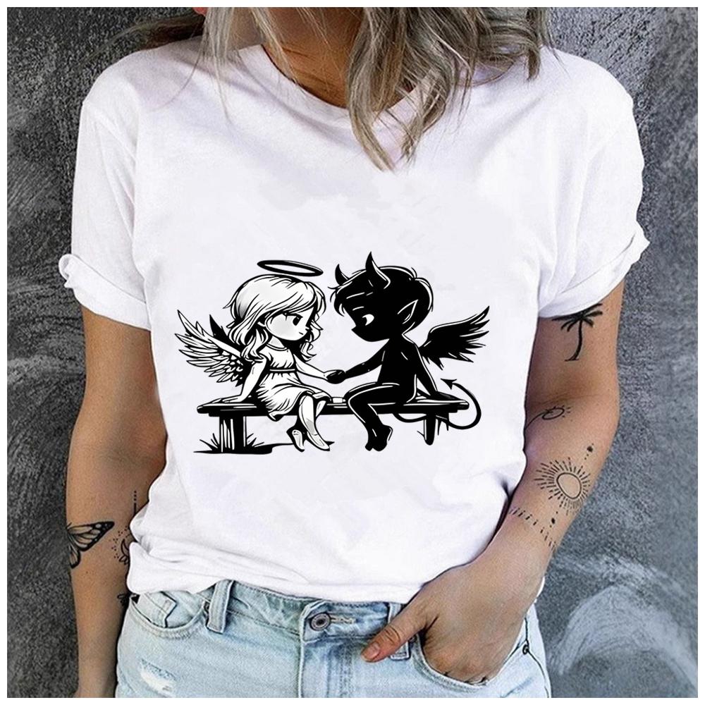 Unisex 100% Polyester Summer Top The angel and the devil hold hands. Print Loose round Neck Short Sleeve Fashion for Lovers