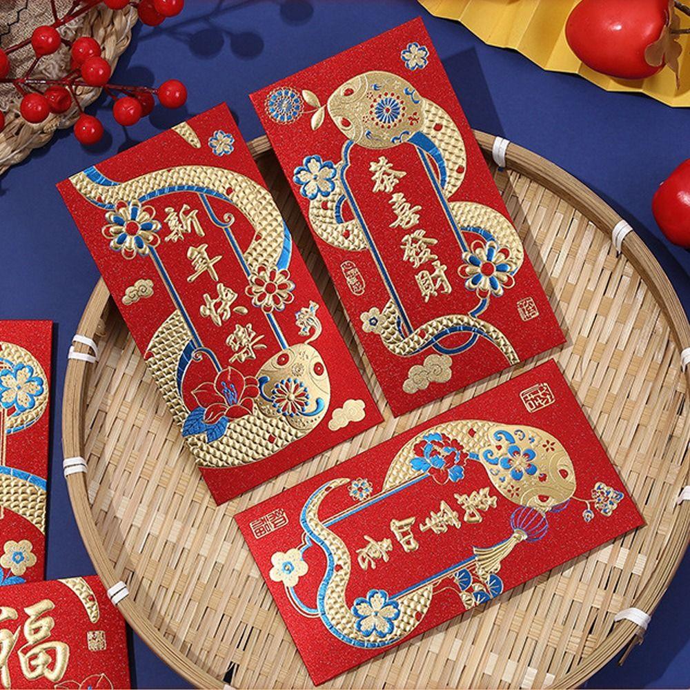 6pcs Blessing 2025 Snake Year Red Pouch Traditional Money Packet Lucky Money Pockets Kids Gift