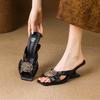 French Holiday Style High-heeled Cool Slippers Women's Outer Wear Summer 2025 New Soft Leather Rhinestone Bow Wedge Sandals