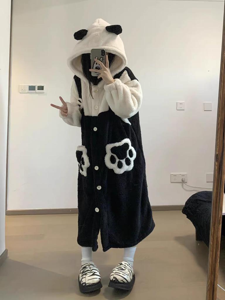 LAVASEON Cute Panda Winter Fluffy Hooded Pajamas with Plus Sizes Thick and Warm for Fall and Stylish and Warm Women's Pajamas, Loungewear, Gloves,