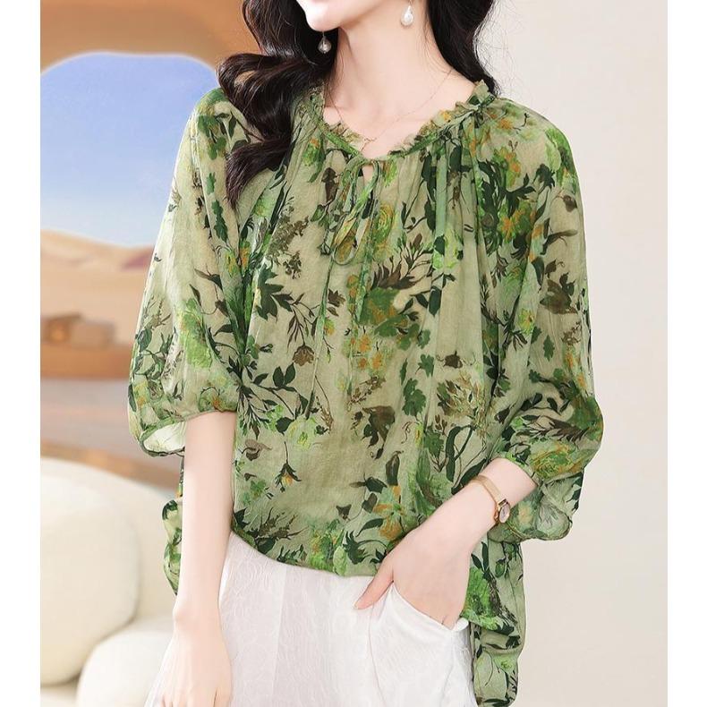 Женская летняя цветочная рубашка из шифона с эффектом старения, свободные тонкие повседневные топы в стиле темперамент