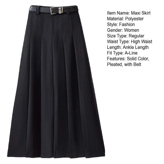 Плиссированная юбка с высокой талией и поясом, однотонная длинная юбка трапециевидной формы, длиной до щиколотки, офисный повседневный женский костюм, юбка