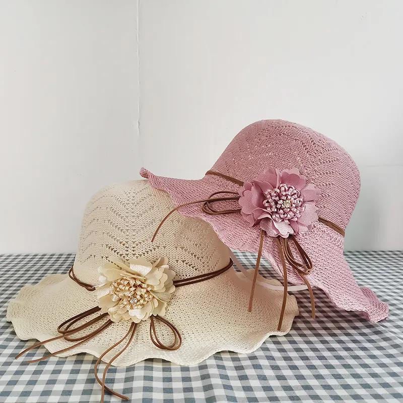 WTEMPO Solid Color Wide Brim Travel Beach Breathable Sun Hats Women's Spring Summer Foldable Sunscreen Hats with Flower