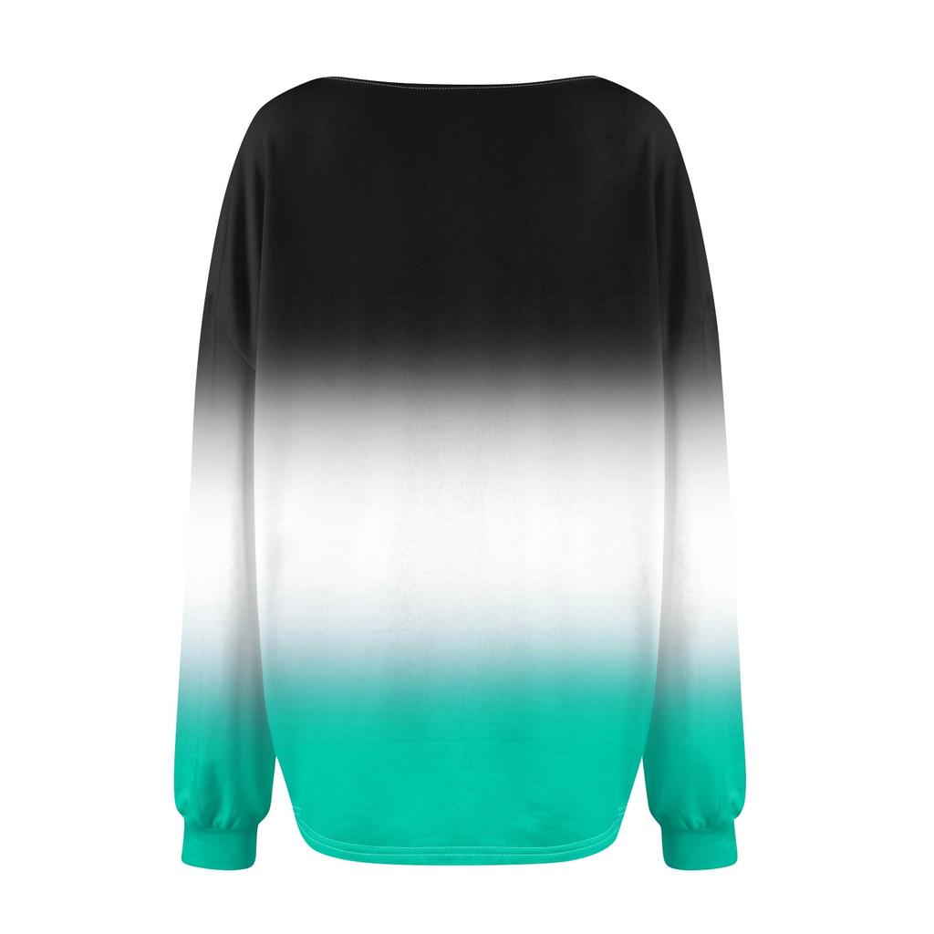 Женская мода градиентный цвет V-образный вырез длинный рукав свободный пуловер свитшот топ