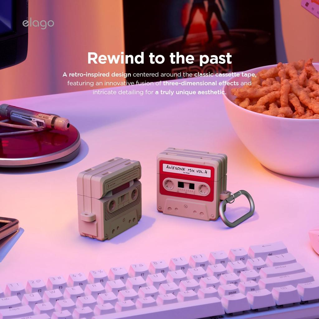 AirPods 4 Мягкий силикон с кассетной лентой Совместимый с беспроводной зарядкой 4-е поколение Кассетная лента Подвеска Классический белый красный [elago] Чехол, Ударопрочный,