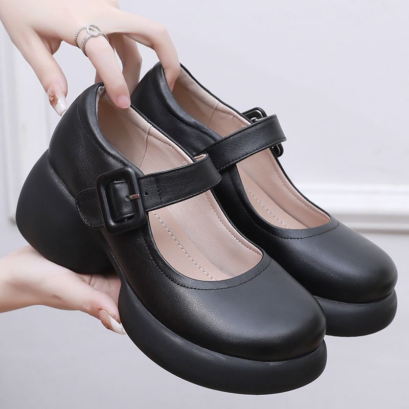 Женские туфли-лодочки на платформе с пряжкой и ремешком, с круглым носком и высоким каблуком, туфли Мэри Джейн для женщин 2024 года, новые элегантные черные туфли из искусственной кожи