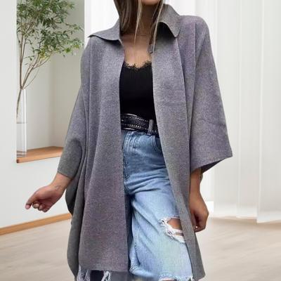 Осень-весна Женское пальто Неровный подол Свободный ажурный шов Однотонный рукав Летучая мышь Пончо Отложной воротник Кардиган Накидка для свиданий Куртка для поездок на работу
