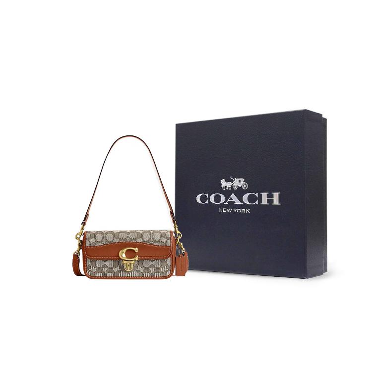 New COACH Studio Cow Leather With Textile Baguette Bag Handbag Shoulder Bag Women's Brown & Gray CJ860-B4TA7