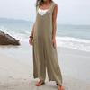 Summer Women Jumpsuit V Neck Wide Leg Deep Crotch Sleeveless Loose Solid Color Side Pockets Pullover Casual Daily Wear Full Leng