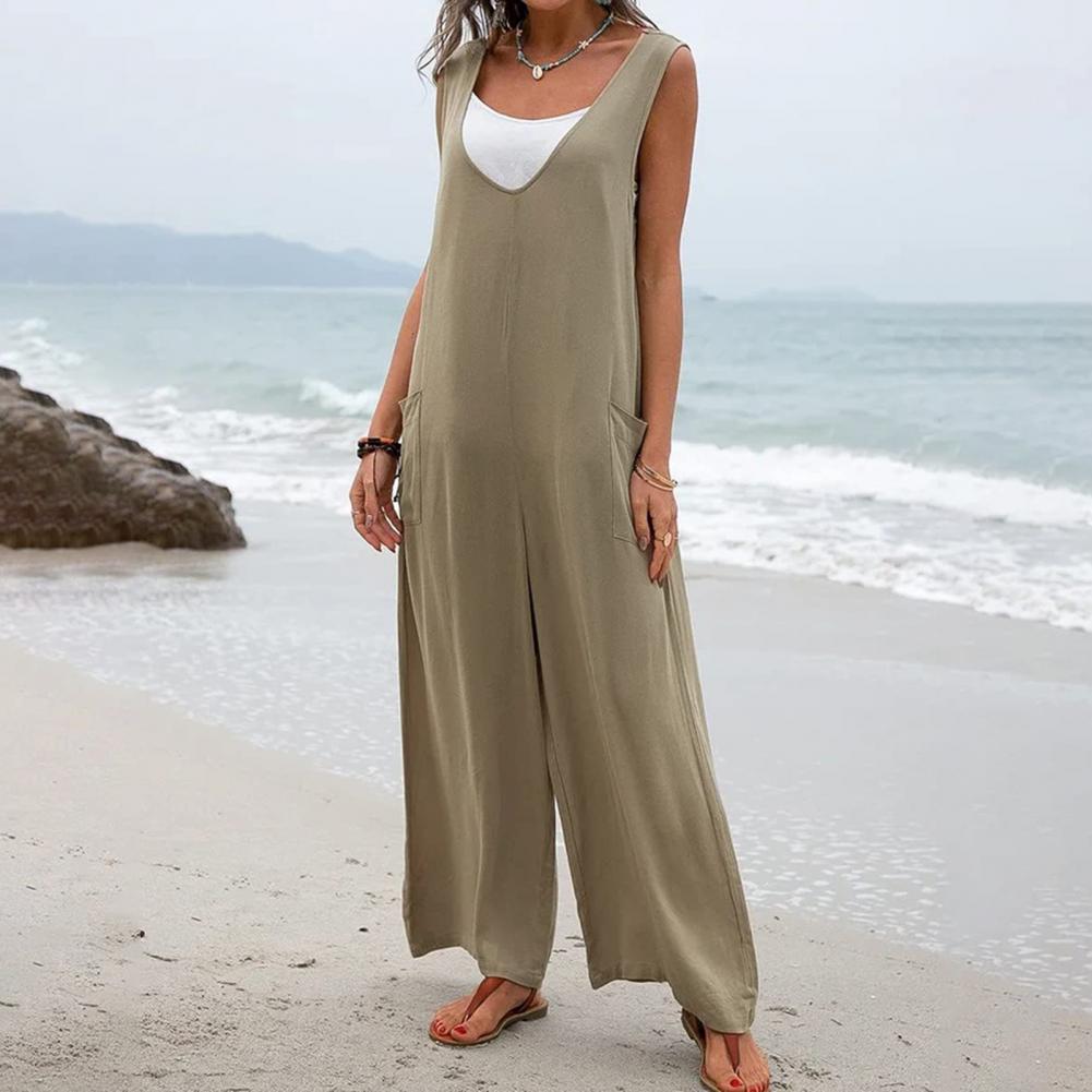 Summer Women Jumpsuit V Neck Wide Leg Deep Crotch Sleeveless Loose Solid Color Side Pockets Pullover Casual Daily Wear Full Leng