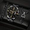 3pcs/set, Men's Fashion Calendar Quartz Watch, Sports Men's Round Dial Stainless Steel Wrist Watch, And Men Bracelet And Men Necklace