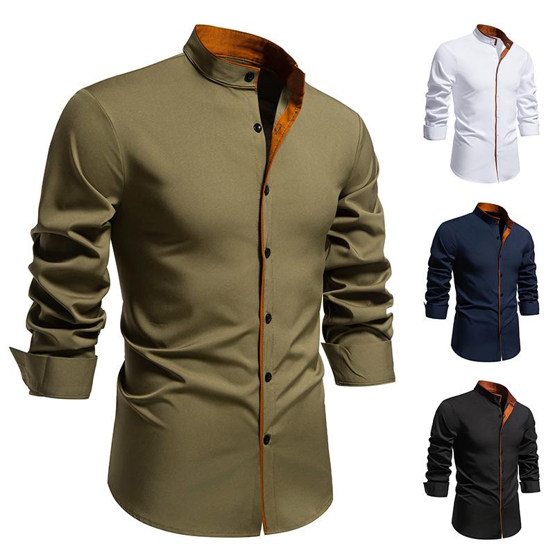 Autumn Men's Color Blocking Shirts Long Sleeve Henry Collar Casual Shirts Single Breasted Shirts Classical Tops