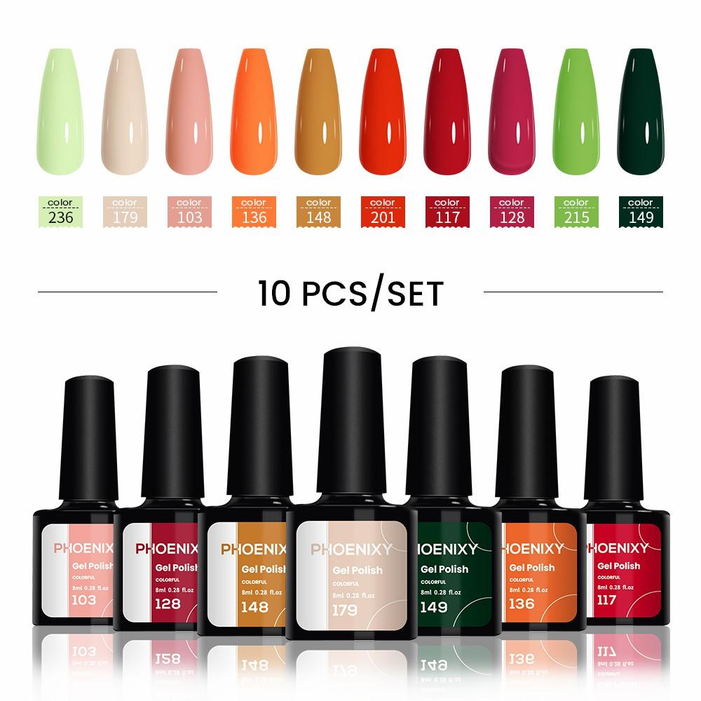 PHOENIXY Набор гель-лаков 10 цветов Soak Off Гель-набор с чистым цветом для дизайна ногтей Стартовый набор для начинающих для самостоятельного маникюра дома