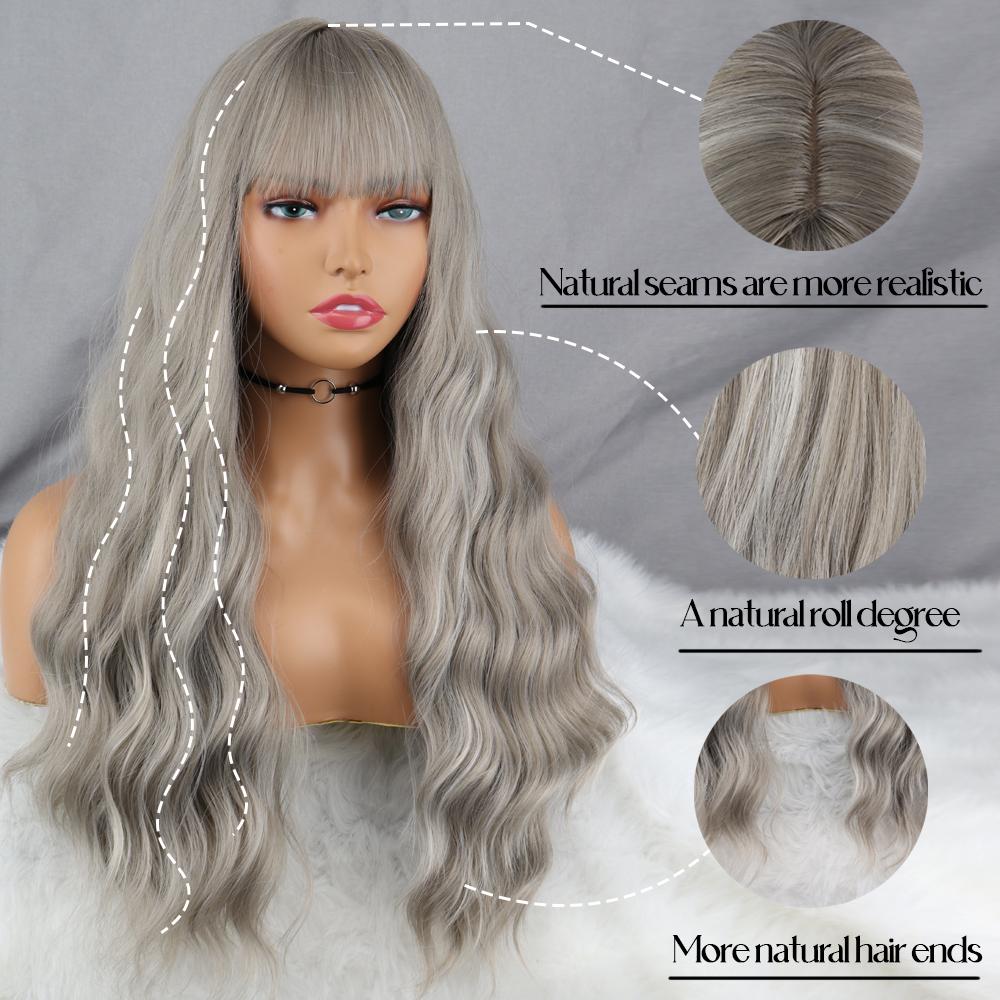 MISS WIG Grey Wig Long Wavy Wig with Bangs Synthetic Fiber Long Water Wave Wig for Women Daily Wear