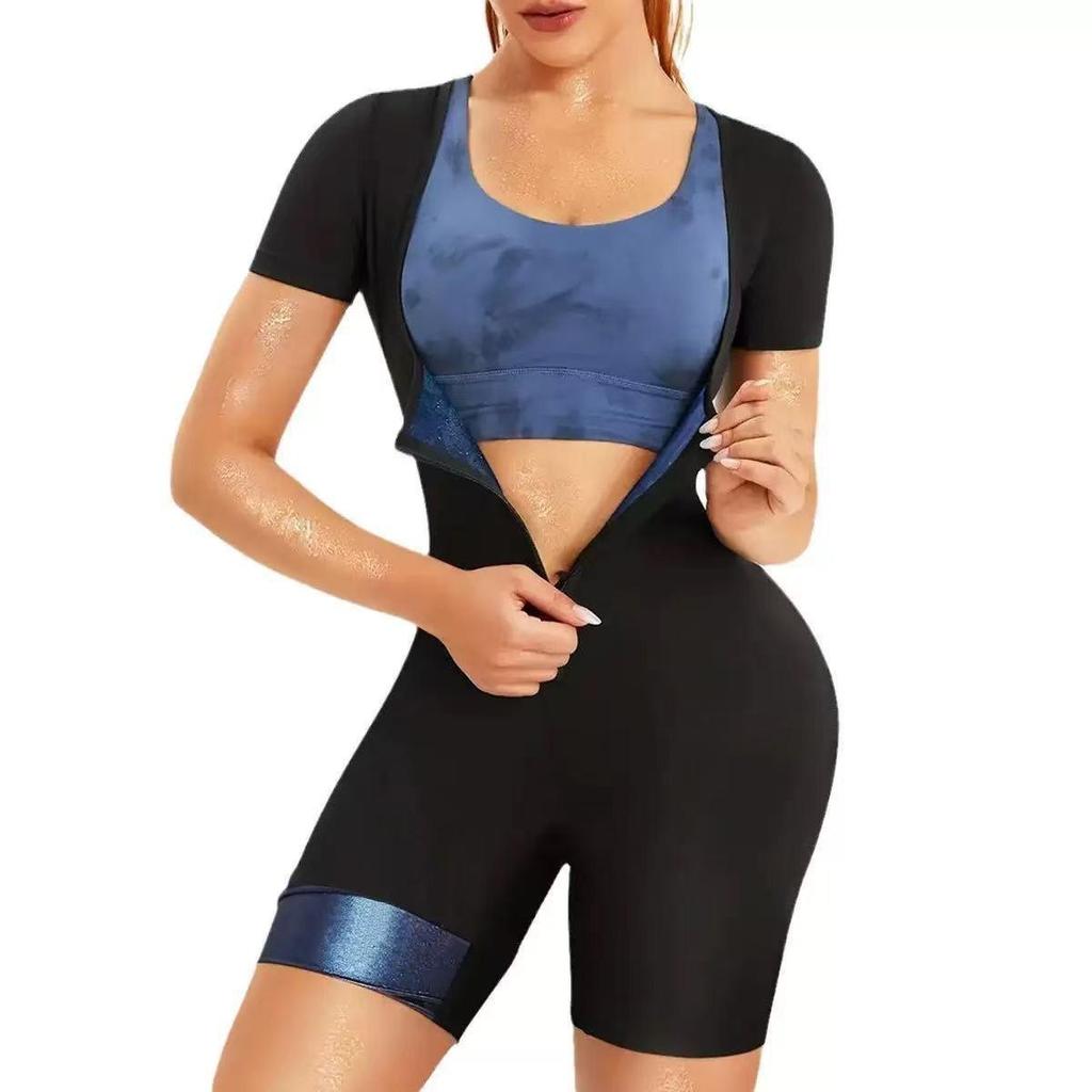 Women's Short Sleeve Sauna Sweat Suit with Tummy Control Waist Belt