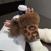 Leopard Print Suede Rabbit Fur Half-Finger Gloves - Cute, Thick, Warm, Plush Winter Gloves for Cold Protection.