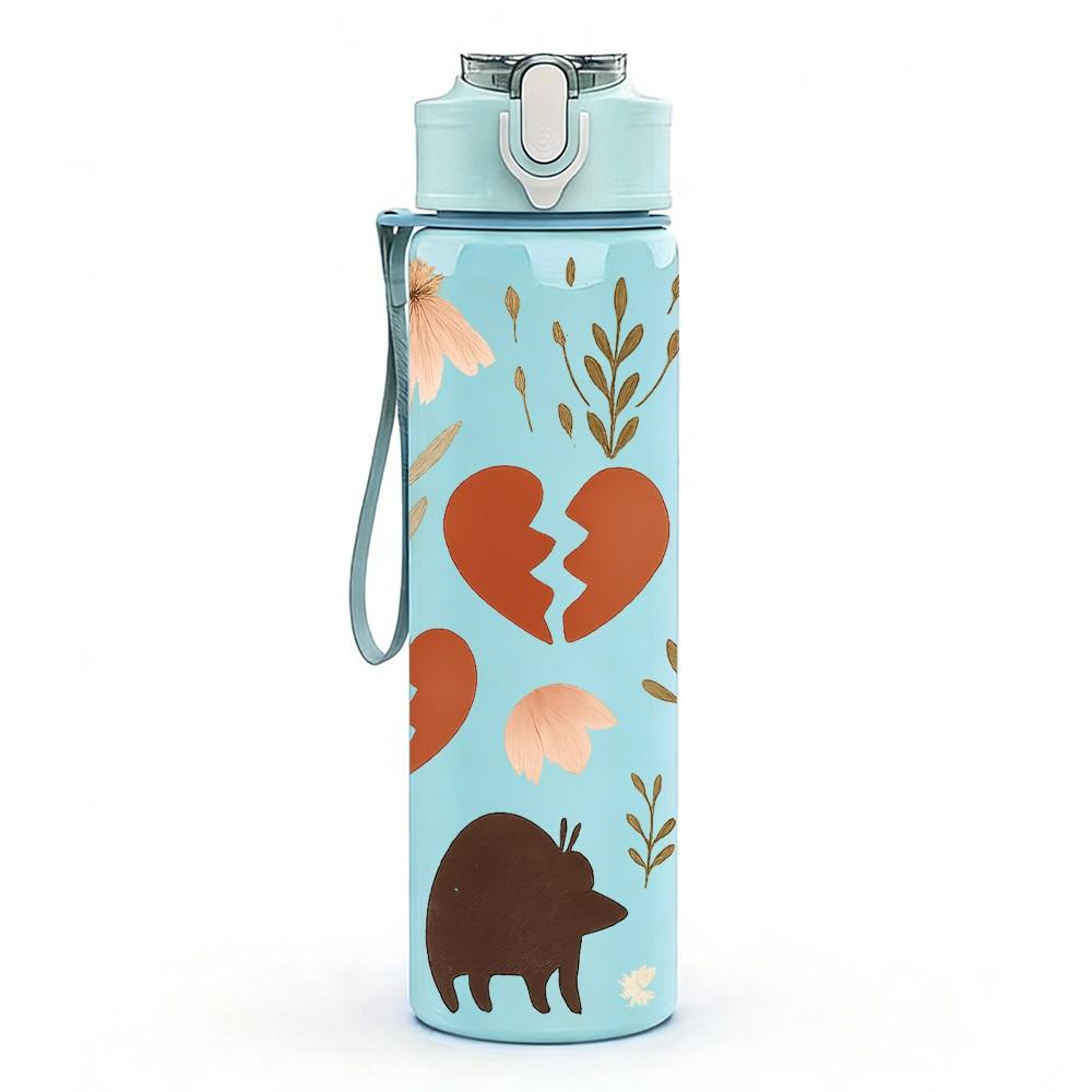 1PC Bear Heart Wild Animal Pattern 750ml Color Plastic Sports Water Bottle Leakproof Flip Straw Lid Suitable for Sports Office Home Use