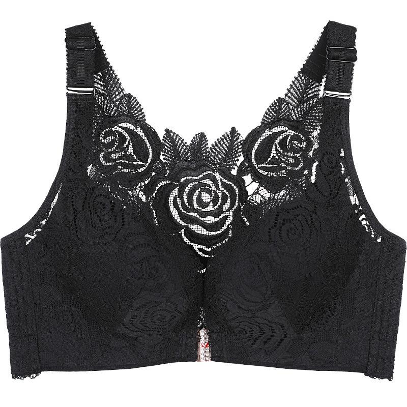 Gathered Adjustable Wire-Free Front-Hook Plus Size Bra with Large Cup and Rose Beautiful Back Lace Sexy Lingerie