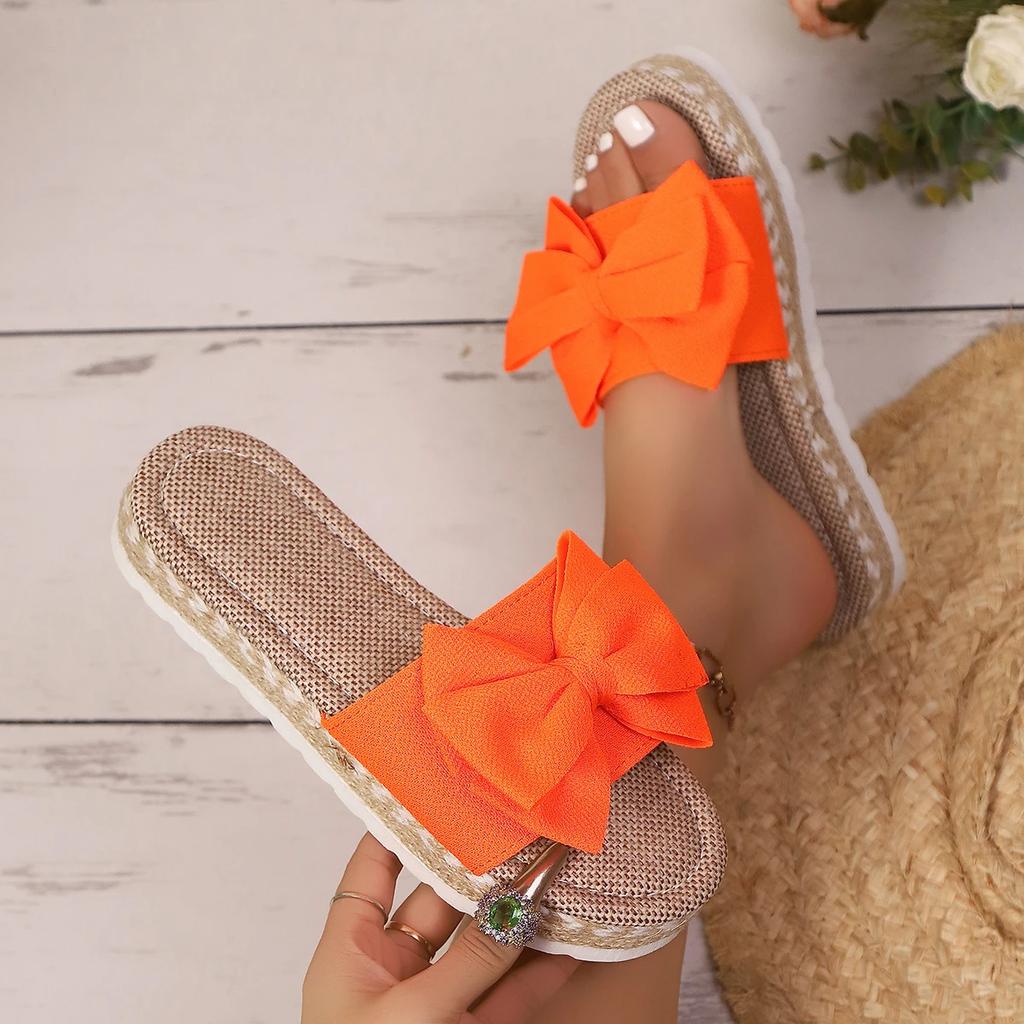 Women Slippers 2025 New Casual Home Slippers Cute Linen Slides Women Summer Bow-knot Soft Floor Sandals Indoor Flat Shoes