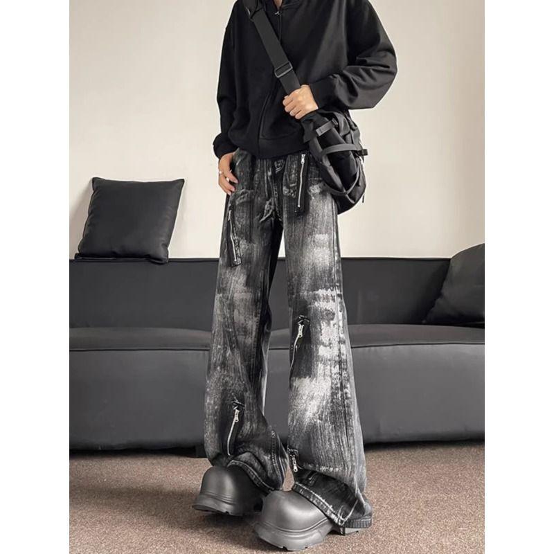 Мужские винтажные прямые джинсы Y2k с несколькими молниями и высокой талией, повседневные расклешенные джинсовые брюки, уличная одежда