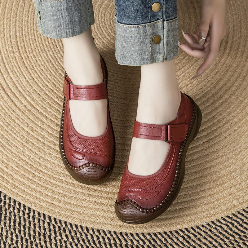 Johnature Genuine Leather Soft Soled Flat Shoes Retro Round Toe Shallow Versatile Comfortable Women's Shoes