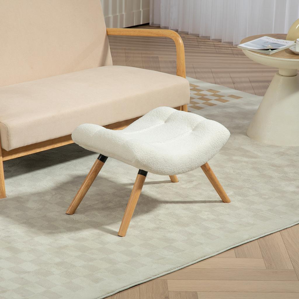 Fleece-Covered Footstool, Wooden Legs, Padded, Cream White