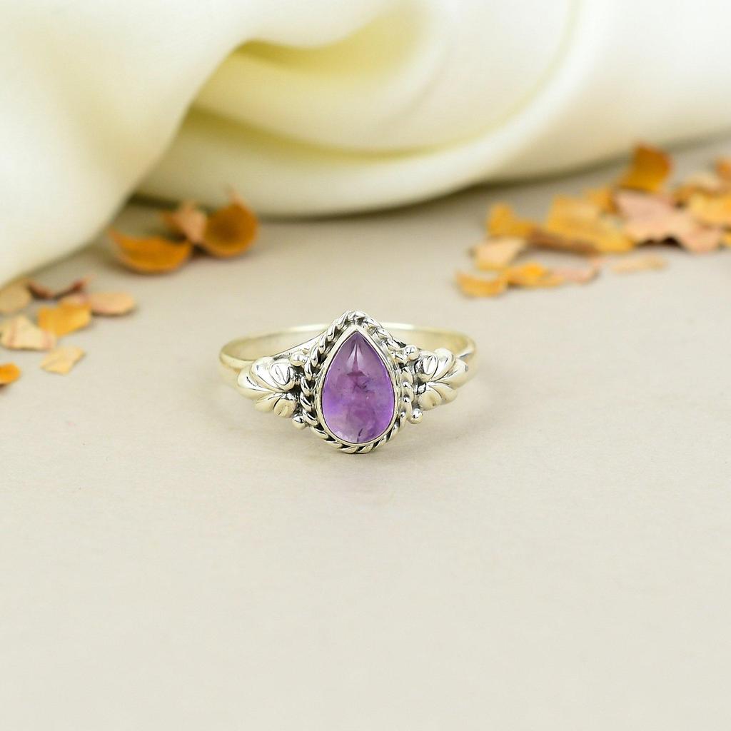 Amethyst Gemstone 925 Sterling Silver Pear Shape Handmade Jewelry Boho Ring For Women