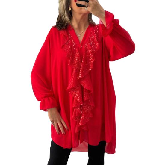Женская рубашка с V-образным вырезом, длинным рукавом, оборками, шифоновая рубашка, однобортная, свободного кроя, однотонная рубашка, повседневные топы обычного кроя