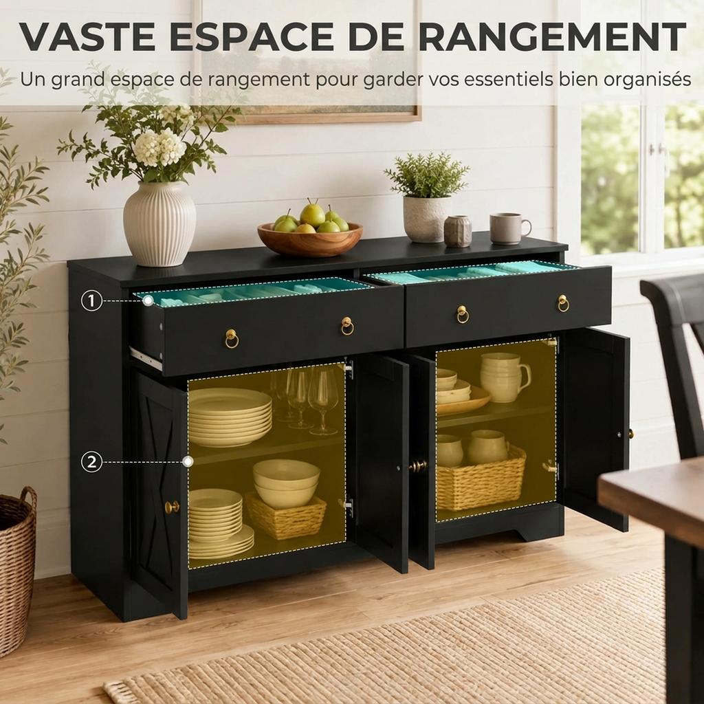 Buffet Meuble De Rangement Armoire De Cuisine Style Rural 2 Tiroirs Et 2 Placards Etagères À Hauteurs Reglables Noir