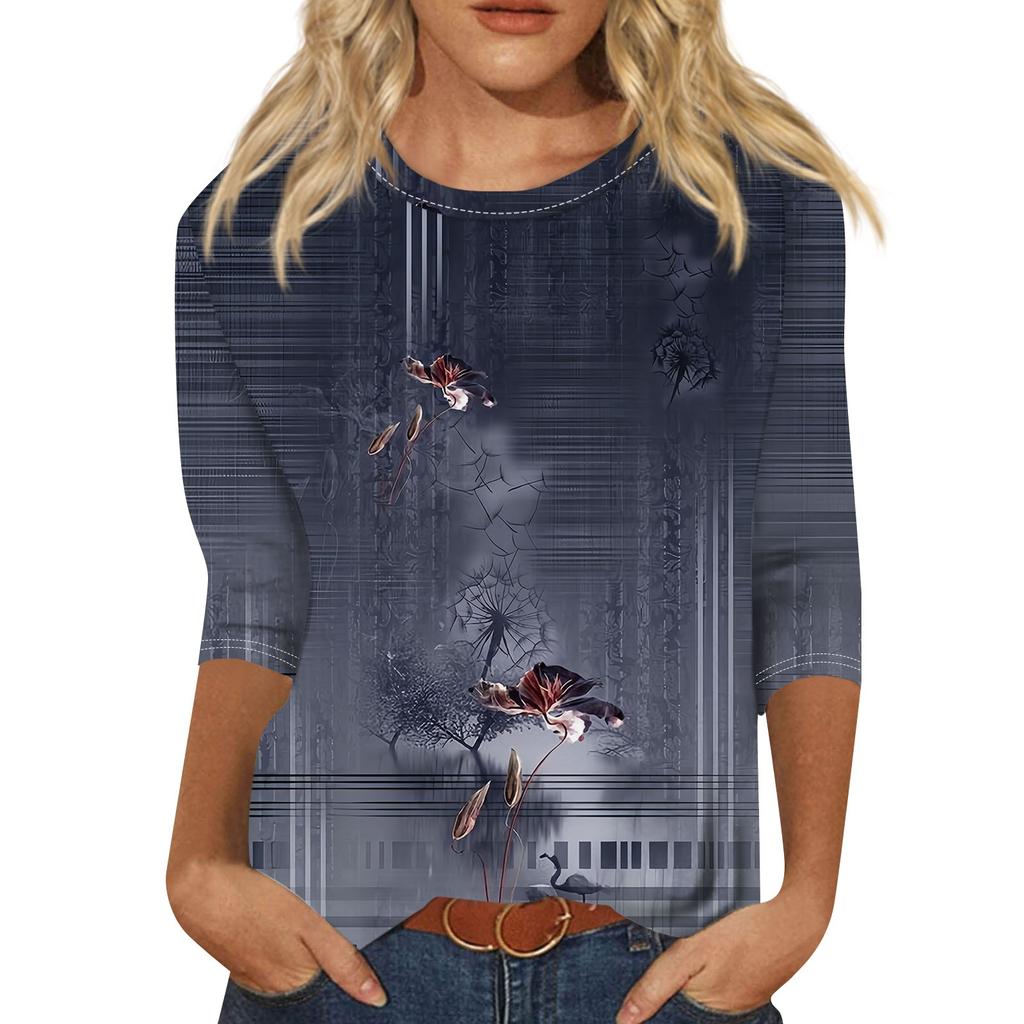 Женская мода, свободная рубашка с круглым вырезом и рукавом семь четвертей, винтажная повседневная футболка с цветочным принтом, топ