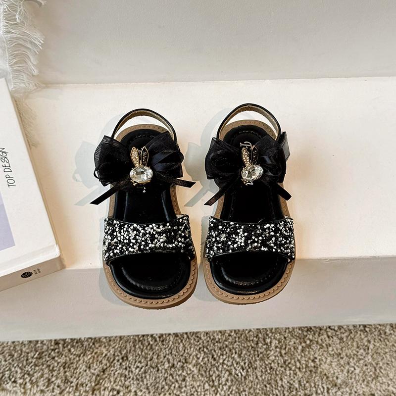 Сандалии принцессы с блестками для девочек, простые детские летние пляжные модные детские блестящие кожаные сандалии с бантом 2024 года, новинка