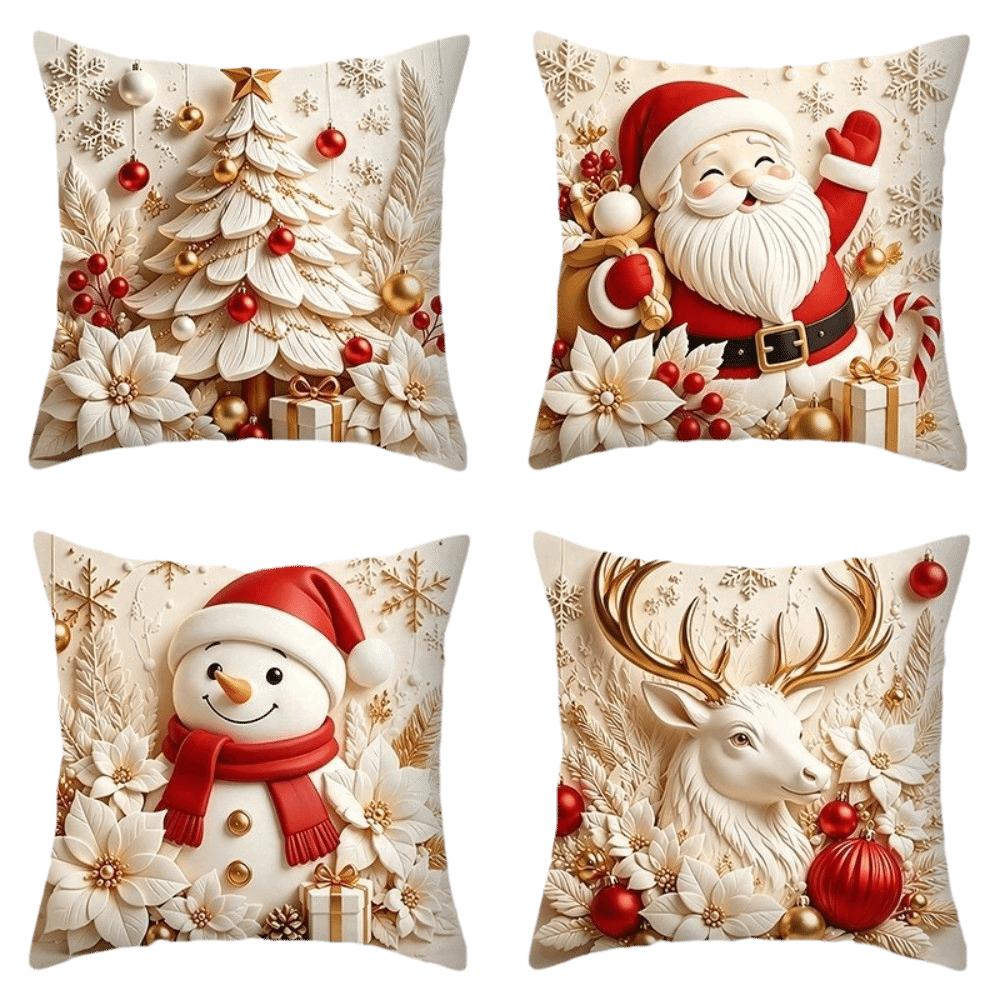 4PCS Tree Flower Christmas Pillow Covers New Year Snowman Pillow Cover Throw Cushion Case Home