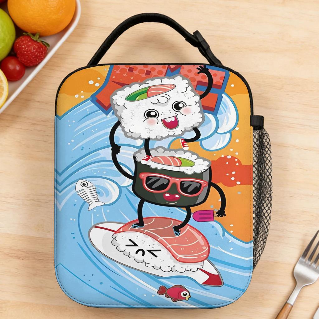 Cute Dancing Sushi Character Illustration Lunch Bag For Child Custom Outdoor Picnic Lunch Box Casual Oxford Cooler Bag