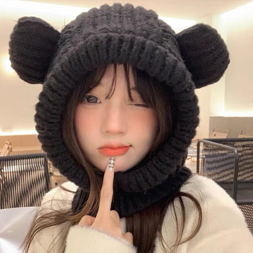 Knitted Integrated Cap Scarf Little Bear Ear Beanie Hat Scarf Skiing Bicycle Cycling