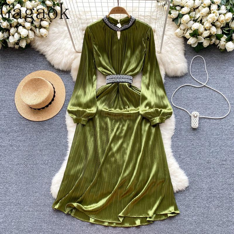 European American Dress Spring Autumn New Patchwork Diamond Embellishment Stand Collar Dresses Slim Satin Dresses