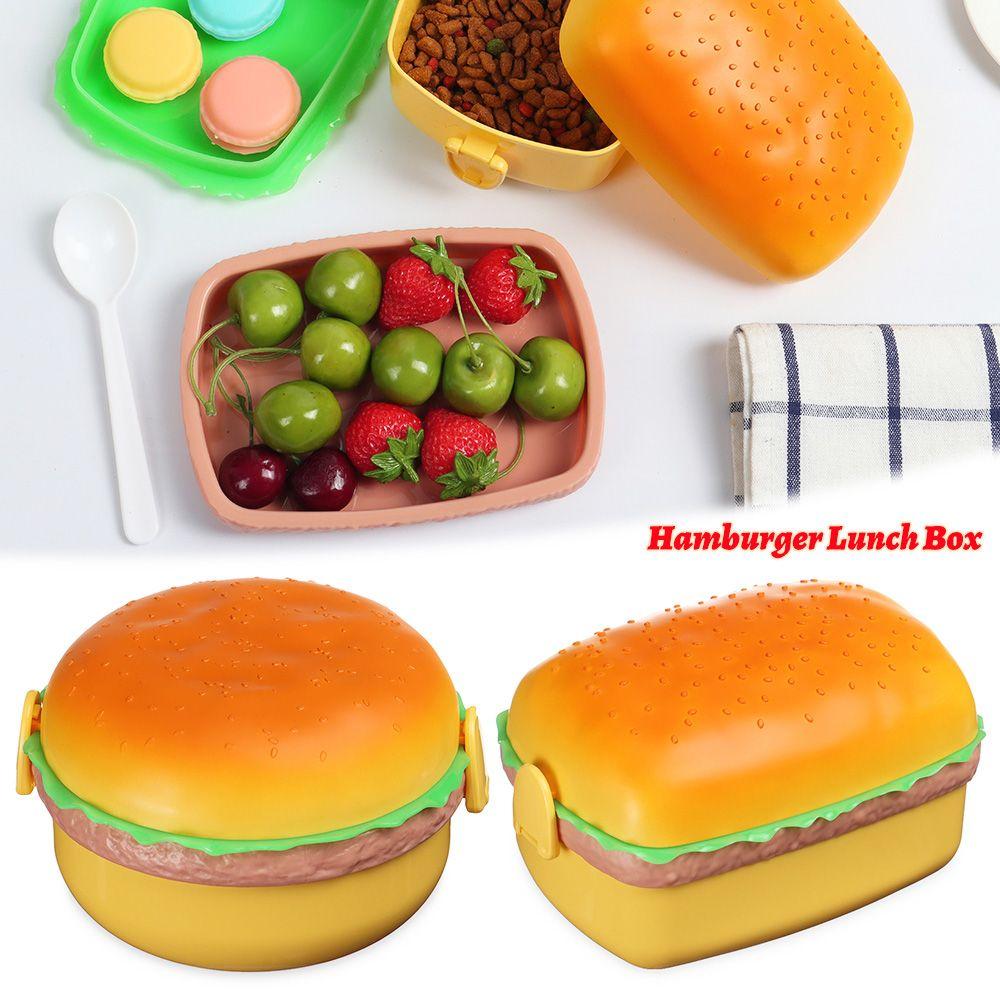 Cute Hamburger Fork Food Container Lunch Box Double Tier Bento Lunchbox