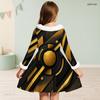 Girls Long Sleeve Black Gold Silver Printed Furry Neck Cuffs A Line Flared Dress