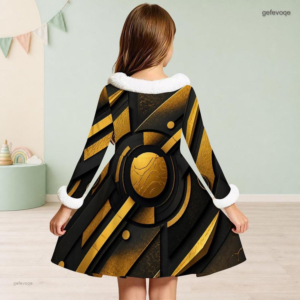 Girls Long Sleeve Black Gold Silver Printed Furry Neck Cuffs A Line Flared Dress