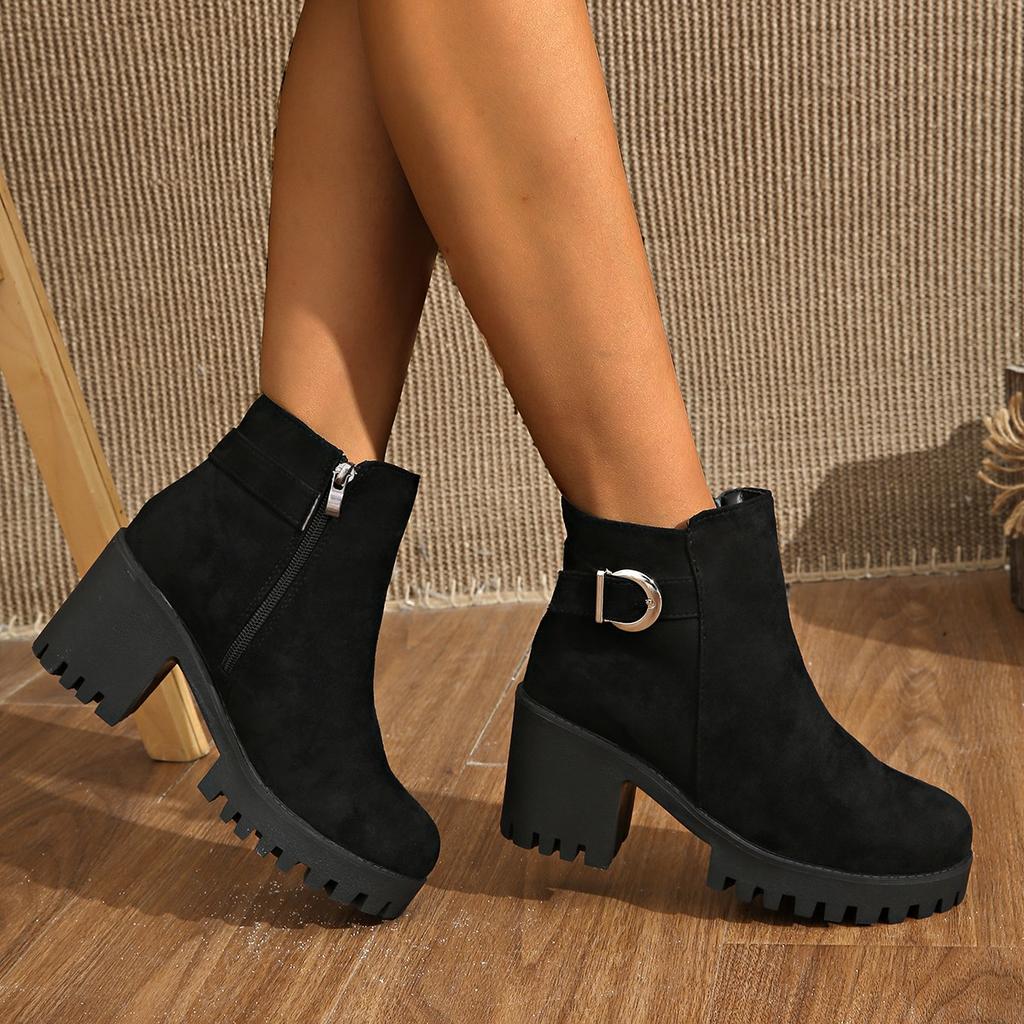 Fashionable New Round Toe Plus Size High-heeled Women's Boots Popular Spring Autumn Square Heel Comfortable Casual Short Boots