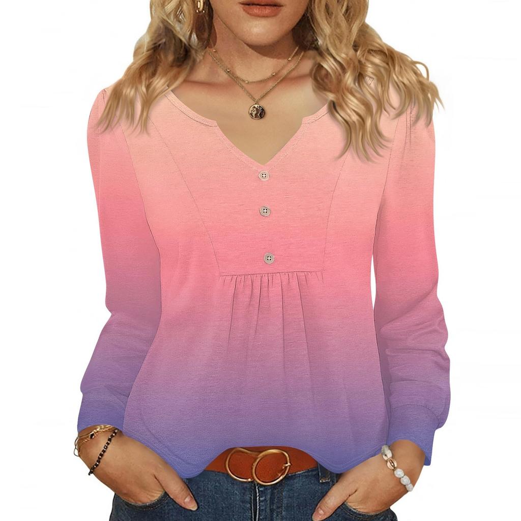 Женская модная повседневная блузка с V-образным вырезом на пуговицах, с длинным рукавом, пуловер, футболка, топ
