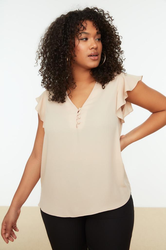 Women's Fashion New Plus Big Size Blouse Stone Woven Button Detailed Blouse