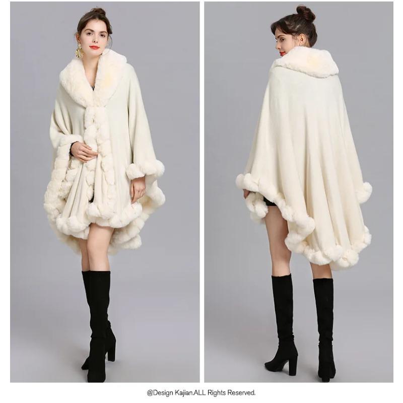 Oversize Winter Big Faux Fox Fur Neck Plus Size Poncho Out Streetwear Women Cloak Pashmina Batwing Sleeves Shawl Coat