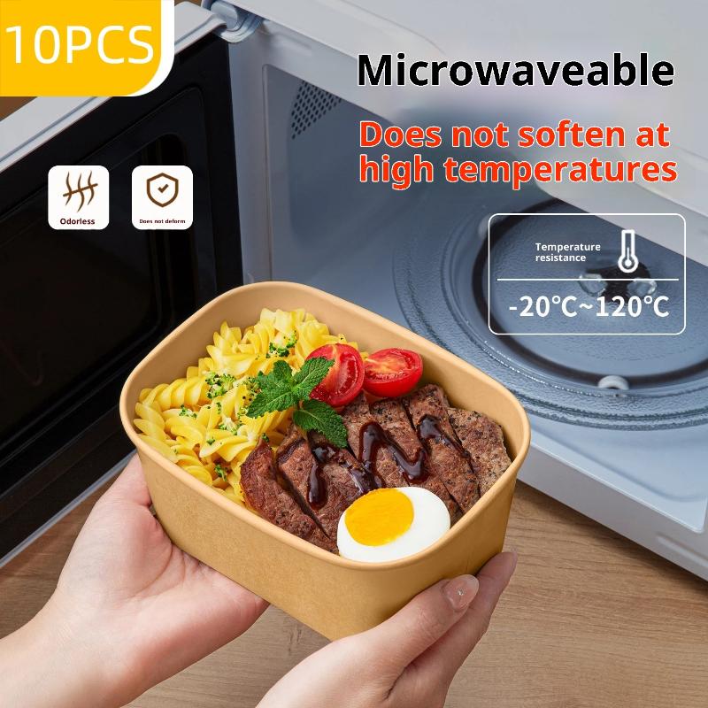10Pcs Square Disposable Kraft Paper Lunch Boxes Leak Proof Lidded Food Containers for School Students Office Workers