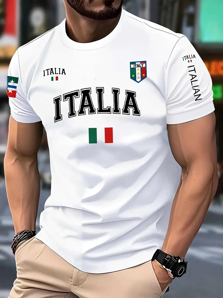 Men's Italian Flag T-shirt Italian-themed Streetwear Letter Print Business Outing Base Short-sleeved Top